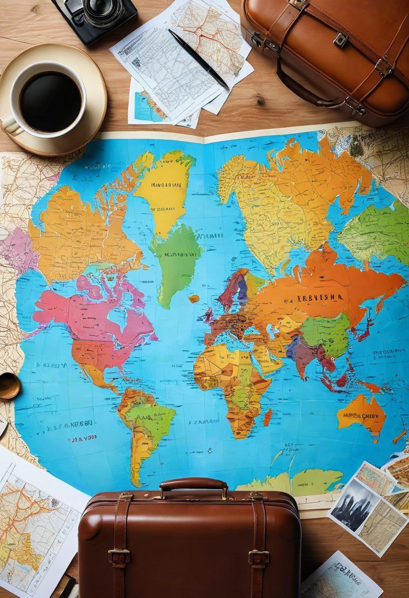 A vibrant, detailed world map with highlighted top destinations, iconic landmarks, and travel essentials like a suitcase, passport, and guidebooks scattered around. Include a diverse group of excited travelers discussing plans and deals in a cozy coffee shop. super-realistic. vibrant colors. engaging scene.