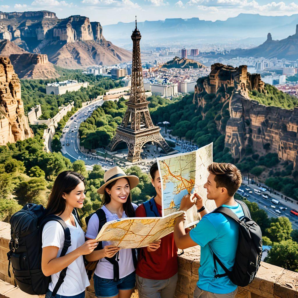 An adventurous travel scene illustrating a variety of trip styles: a budget backpacker with a map, a mid-range traveler with a camera, and a luxury tourist at a five-star hotel. Surround them with iconic landmarks such as the Eiffel Tower, Great Wall of China, and the Grand Canyon. Vibrant colors with detailed scenery. super-realistic.