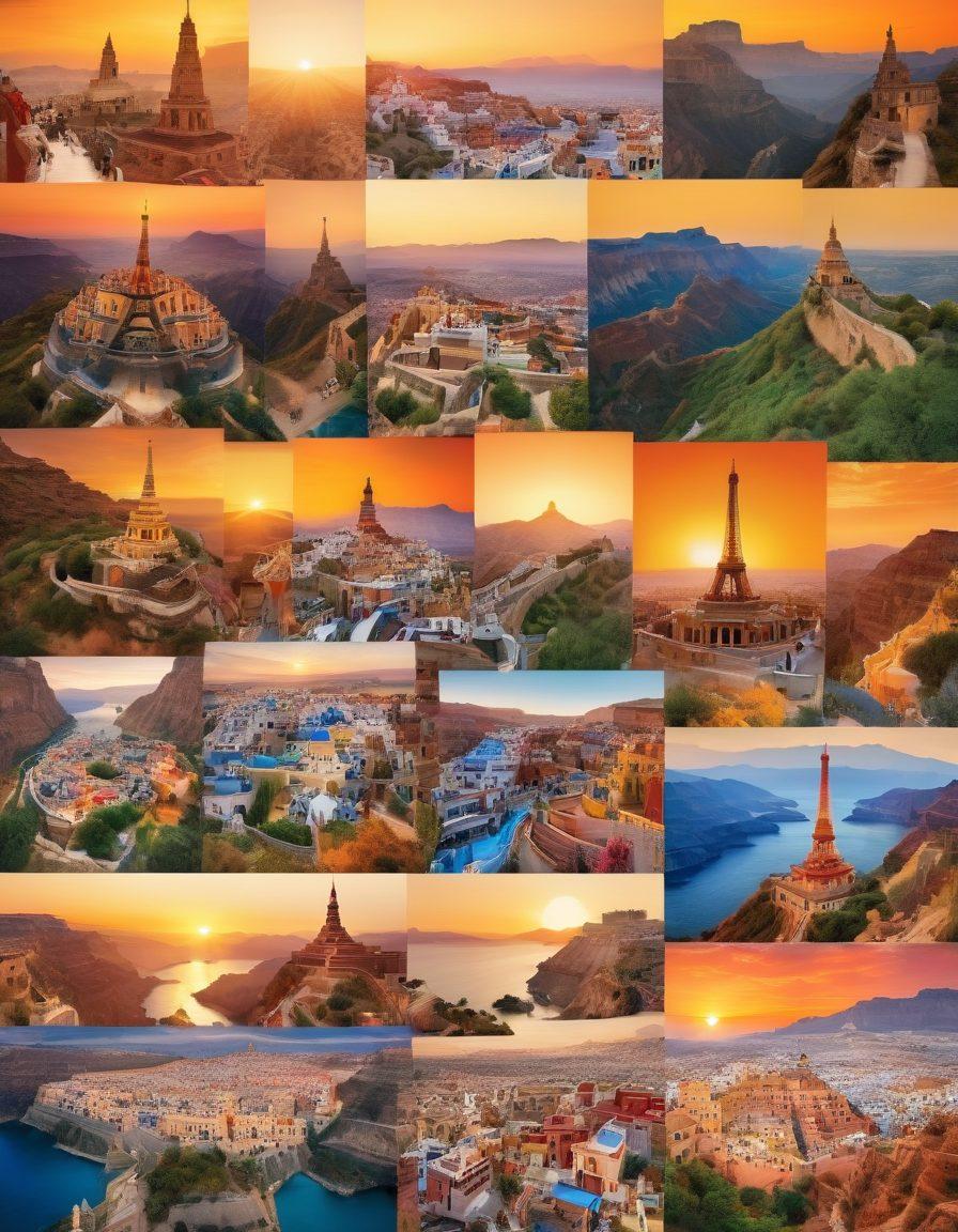 A vibrant, panoramic collage of iconic landmarks from around the world, including the Eiffel Tower, Great Wall of China, Santorini's blue rooftops, and the Grand Canyon. Blend in images of joyful travelers, maps, and travel guides. Infinite sky merges into a golden sunset to evoke a sense of adventure and discovery. super-realistic. vibrant colors.